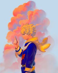 Rule 34 | 1boy, absurdres, arm at side, bakugou katsuki, blonde hair, blue sky, boku no hero academia, card, character costume, closed mouth, cloud, cloudy sky, coaco rami, commentary request, cumulonimbus cloud, eyes visible through hair, floating clothes, floating hair, from side, hand up, highres, holding, holding card, hood, hood down, korean commentary, long sleeves, male focus, onesie, orange clouds, profile, red eyes, revision, short hair, sky, sky, solo, spiked hair, spoilers, trading card, twitter username, upper body, wind