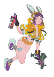 Rule 34 | 1girl, :p, animal ears, assassin no. 6 (tim loechner), bikini, bikini under clothes, blush stickers, bob cut, breasts, commentary, cropped jacket, english commentary, female focus, full body, gloves, gun, hood, hooded jacket, jacket, leg tattoo, looking at viewer, medium breasts, multicolored eyes, navel, original, pink eyes, puffy short sleeves, puffy sleeves, purple eyes, purple gloves, rabbit ears, running, see-through, shoes, short sleeves, shorts, simple background, sneakers, socks, solo, spray can, submachine gun, swimsuit, swimsuit under clothes, tattoo, timbougami, tongue, tongue out, trigger discipline, unzipped, weapon, white background, zipper pull tab