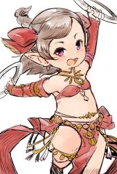Rule 34 | 1girl, :d, warrior of light (ff14), bandeau, bare shoulders, braid, breasts, bridal gauntlets, brown hair, chakram, dancer, dancer (final fantasy), final fantasy, final fantasy xiv, hair ribbon, half updo, holding, holding weapon, jewelry, lalafell, leg up, loincloth, looking at viewer, necklace, open mouth, pelvic curtain, pink eyes, pointy ears, red ribbon, ribbon, simple background, small breasts, smile, solo, tassel, teeth, weapon, white background, youhei 64d
