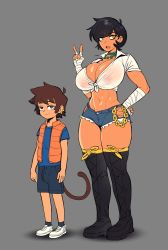 Rule 34 | 1boy, 1girl, :3, absurdres, age difference, bad id, bad twitter id, bead necklace, beads, black footwear, black hair, blue shirt, breasts, brown hair, child, commentary, commission, denim, denim shorts, earrings, ember the spirit (mister cinders), english commentary, full body, greasymeta, grey background, hand on own hip, hetero, highres, hip vent, jacket, jewelry, large breasts, monkey boy, monkey tail, navel, necklace, onee-shota, open mouth, orange jacket, original, shirt, short hair, short shorts, short sleeves, shorts, simple background, smug, socks, sweat, tail, v, white footwear, white shirt, worried, yellow eyes