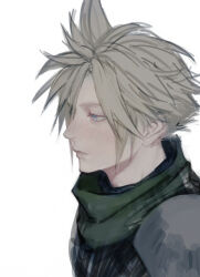 Rule 34 | 1boy, 9ibem, armor, blonde hair, blue eyes, cloud strife, crisis core final fantasy vii, expressionless, facing to the side, final fantasy, final fantasy vii, green scarf, looking down, male focus, pauldrons, scarf, shinra infantry uniform, short hair, shoulder armor, simple background, solo, spiked hair, upper body, white background