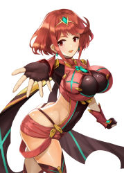 Rule 34 | 1girl, artist request, ass, bad id, bad pixiv id, blush, breasts, butt crack, covered navel, earrings, fingerless gloves, framed breasts, gloves, hair ornament, jewelry, large breasts, looking at viewer, nintendo, open mouth, pyra (xenoblade), red eyes, red hair, riko (ccllnnhh), scarf, shiny skin, short hair, short shorts, shorts, sidelocks, simple background, smile, solo, thighhighs, tiara, underbust, white background, xeno (series), xenoblade chronicles (series), xenoblade chronicles 2