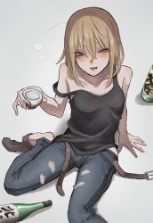 Rule 34 | 1girl, :d, alcohol, bare shoulders, belt, belt buckle, black shirt, blonde hair, blouse, blue eyes, blue pants, blush, brown belt, brown socks, bubble, buckle, collarbone, commentary request, cup, denim, from above, hair between eyes, half-closed eyes, highres, holding, holding cup, jeans, long hair, looking at viewer, looking up, mole, mole under eye, one eye closed, open belt, open mouth, original, pants, partially undressed, self-harm, shirt, simple background, sitting, smile, socks, solo, strap slip, tabao, undershirt, wariza, white background