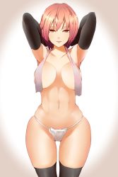 Rule 34 | 1girl, armpits, arms up, bebebe (pepegakii), black gloves, black thighhighs, blush, breasts, brown eyes, covered erect nipples, curvy, elbow gloves, gakuen taisen valkyries, gloves, highres, large breasts, lea anshel, looking at viewer, naked towel, navel, panties, red hair, smile, solo, stomach, thighhighs, topless, towel, towel around neck, underwear, white panties, white towel, wide hips