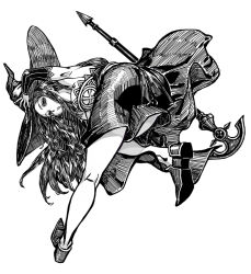 Rule 34 | 1girl, ass, bare shoulders, bent over, breasts, detached sleeves, dragon&#039;s crown, dress, greyscale, hat, holding, holding wand, kahadu (kawazu), large breasts, long hair, looking at viewer, looking back, monochrome, simple background, solo, sorceress (dragon&#039;s crown), wand, witch, witch hat