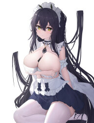 Rule 34 | 1girl, absurdly long hair, absurdres, arm garter, arm under breasts, azur lane, between breasts, black hair, black skirt, breasts, choker, cleavage, frilled choker, frills, green eyes, highres, huge breasts, indomitable (azur lane), indomitable (ms. motivationless maid) (azur lane), long hair, looking at viewer, luoboko, maid, maid headdress, miniskirt, official alternate costume, pleated skirt, revealing clothes, sitting, skirt, thighhighs, very long hair, white background, white thighhighs