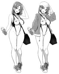 Rule 34 | 1girl, bag, baseball cap, between breasts, blush, bottle, breasts, collarbone, competition swimsuit, covered navel, grey hair, grey jacket, greyscale, hat, highres, holding, holding bottle, jacket, kekemotsu, large breasts, long hair, monochrome, multiple persona, one-piece swimsuit, open mouth, original, shoes, shoulder bag, simple background, smile, sneakers, standing, strap between breasts, swimsuit, thigh gap, water bottle, white background, wide hips
