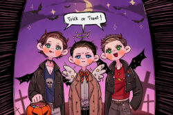 Rule 34 | 3boys, angel, angel wings, beard stubble, black hair, blue eyes, blush stickers, bow, bowtie, brothers, brown hair, castiel, coat, cowboy shot, dean winchester, demon horns, demon wings, english text, facial hair, freckles, graveyard, green eyes, halloween, halloween bucket, halloween costume, halo, happy halloween, horns, jacket, jewelry, leather, leather jacket, looking at viewer, ma nn, male focus, mature male, mole, mole on nose, moon, multiple boys, necklace, night, sam winchester, short hair, siblings, smile, speech bubble, stubble, supernatural (tv series), tongue, tongue out, trench coat, trick or treat, wings