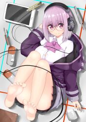 Rule 34 | 1girl, absurdres, barefoot, black skirt, bob cut, borumete, bow, bowtie, boxcutter, breasts, closed mouth, collared shirt, commentary request, glasses, grey background, gridman universe, hand up, headphones, highres, jacket, large breasts, long sleeves, looking at viewer, miniskirt, open clothes, open jacket, pink-framed eyewear, pleated skirt, puffy long sleeves, puffy sleeves, purple bow, purple bowtie, purple eyes, purple hair, purple jacket, semi-rimless eyewear, shinjou akane, shirt, short hair, skirt, smile, soles, solo, ssss.gridman, tablet pc, under-rim eyewear, white shirt