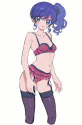 Rule 34 | 1girl, aikatsu!, aikatsu! (series), bad id, bad twitter id, black thighhighs, blue eyes, blue hair, bow, bow bra, bra, breasts, cropped legs, frilled panties, frills, garter straps, highres, kiriya aoi, lace, lace-trimmed bra, lace trim, lingerie, looking at viewer, medium hair, nail polish, navel, open mouth, panties, purple bra, purple nails, purple panties, side ponytail, simple background, small breasts, smile, solo, standing, thighhighs, underwear, underwear only, white background, yamamura saki
