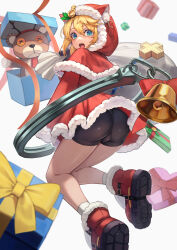 Rule 34 | 1boy, absurdres, aqua eyes, ass, bell, bike shorts, black shorts, blonde hair, blurry, blurry background, blurry foreground, box, bridget (guilty gear), bulge, capelet, chain, christmas, cross, crotch, dot nose, dress, floating, from behind, gift, gift box, guilty gear, guilty gear strive, hakusyokuto, heart-shaped box, highres, long sleeves, looking at viewer, open mouth, orange ribbon, red capelet, red dress, red headwear, ribbon, short dress, shorts, sidelocks, solo, surprised, teeth, testicles, trap, upper teeth only, upskirt
