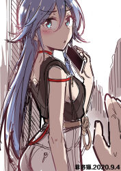 Rule 34 | 1girl, absurdres, artist name, ass, belt, black choker, black shirt, blue eyes, blue hair, blush, breasts, chinese clothes, choker, clothing cutout, dated, fei luo mao, fu hua, fu hua (night squire), fu hua (rustic noir), grey hair, hair between eyes, hand up, highres, honkai (series), honkai impact 3rd, long hair, looking at viewer, looking back, low-cut armhole, official alternate costume, parted lips, red rope, rope, shadow, shirt, shorts, side cutout, sideboob, sleeveless, sleeveless shirt, solo focus, white background, white shorts, yellow belt