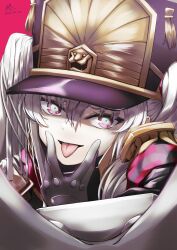 Rule 34 | 1girl, 2022, absurdres, altair (re:creators), armband, artist name, black coat, black gloves, black hat, coat, commentary request, dated, dot nose, gloves, gold trim, hair between eyes, hat, highres, looking at viewer, naughty face, neck grab, open mouth, re:creators, red armband, red background, shaded face, shako cap, simple background, solo, square pupils, tongue, tongue out, two-tone eyes, white hair, zhong (kartg0046935)