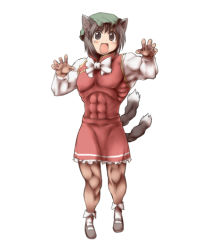 Rule 34 | 1girl, animal ears, cat ears, cat girl, cat tail, chen, claws, female focus, full body, hat, mary janes, multiple tails, muscular, nekoguruma, nekomata, paw pose, ribbon, shoes, simple background, skirt, solo, tail, touhou, two tails, white background