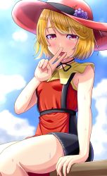 Rule 34 | 1girl, aki minoriko, blonde hair, commentary, food, food-themed hair ornament, fruit, fusu (a95101221), grape hair ornament, grapes, hair ornament, hat, hat ribbon, highres, looking at viewer, open mouth, peace symbol, red eyes, ribbon, short hair, skirt, smile, solo, tongue, tongue out, touhou, v