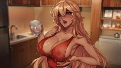 blonde_hair blue_eyes blush breasts covered_erect_nipples cup glass highres holding holding_cup horny_capybara kitchen large_breasts long_hair mature_female mole mole_on_breast nipples open_mouth original see-through_clothes sideboob wet wet_clothes