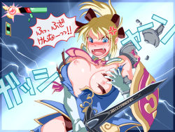 Rule 34 | 1girl, angry, blonde hair, blue eyes, bow, breasts, cassandra alexandra, damedungeon, dc comics, fang, fangs, gameplay mechanics, gloves, hair bow, nipples, open mouth, ponytail, shield, shoulder pads, solo, soul calibur, soulcalibur, soulcalibur iv, sword, tears, torn clothes, translation request, wardrobe malfunction, weapon