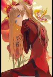 Rule 34 | 1girl, blue eyes, bodysuit, closed mouth, flower, from side, hair ornament, hand up, highres, long hair, looking at viewer, looking to the side, neon genesis evangelion, orange hair, piasu029, pillarboxed, pilot suit, plugsuit, red bodysuit, sitting, skinny, solo, souryuu asuka langley, two side up, wariza, yellow background