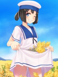Rule 34 | 1girl, blue eyes, blue sky, brown hair, clothes lift, daitou (kancolle), day, dress, field, flower, flower field, grin, hat, highres, kantai collection, lifted by self, looking at viewer, mofu namako, mountain, one eye closed, outdoors, panties, panty peek, sailor dress, sailor hat, short hair, short ponytail, short sleeves, skirt, skirt hold, skirt lift, sky, smile, solo, underwear, white panties