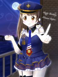 Rule 34 | 1girl, anko yuzu, artist name, artist request, bare shoulders, blue hat, blue shirt, blue skirt, blush, bow, brown eyes, brown hair, checkered clothes, checkered skirt, collared shirt, female focus, gloves, grey hair, hat, highres, light brown hair, long hair, long sleeves, love live!, love live! school idol festival, love live! school idol project, minami kotori, minami kotori (bird), neckwear request, night, night sky, outdoors, parted lips, pointing, pointing at viewer, police, police uniform, policewoman, shirt, short sleeves, side ponytail, skirt, sky, smile, solo, star (symbol), star print, uniform, white gloves, white legwear