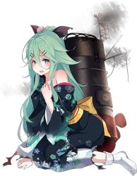 Rule 34 | 10s, 1girl, bare shoulders, blush, green hair, hair ornament, hairclip, japanese clothes, kantai collection, kimono, kneeling, kujou ichiso, long hair, looking at viewer, lowres, machinery, official art, ribbon, sandals, smoke, solo, tabi, torn clothes, transparent background, wide sleeves, yamakaze (kancolle)
