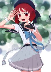 Rule 34 | absurdres, arima kana, belt, beret, blue bow, blue bowtie, blue headwear, blue sailor collar, blurry, blurry background, blush, bob cut, bow, bowtie, choppy bangs, commentary request, cowboy shot, frilled sleeves, frills, grey belt, grey skirt, hair between eyes, hand up, hat, highres, holding, holding microphone, inverted bob, korean commentary, light particles, medium hair, microphone, midriff peek, mixed-language commentary, no pupils, oo s, open mouth, oshi no ko, partial commentary, pleated skirt, red eyes, red hair, sailor collar, shadow, shirt, short sleeves, skirt, teeth, waving, white shirt, white wrist cuffs, wrist cuffs