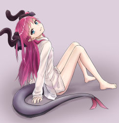 Rule 34 | 1girl, arm support, bare legs, barefoot, blue eyes, bra, brown background, closed mouth, curled horns, dragon girl, dragon horns, dragon tail, dress shirt, elizabeth bathory (fate), elizabeth bathory (fate/extra ccc), fang, fang out, fate/extra, fate/extra ccc, fate (series), from side, full body, head tilt, highres, horns, jd (bibirijd), legs, light smile, long hair, long sleeves, looking at viewer, looking back, no pants, panties, pink bra, pink hair, pink panties, pointy ears, see-through, shadow, shirt, sitting, sleeves past wrists, solo, tail, two side up, underwear, very long hair, white shirt