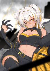 Rule 34 | 1girl, absurdres, ahoge, black sclera, black shorts, black sleeves, black thighhighs, blonde hair, blurry, blurry background, breasts, claws, cleavage, coat, colored inner hair, colored sclera, commission, crop top, detached sleeves, fur-trimmed coat, fur trim, hair between eyes, highres, indie virtual youtuber, kaeveo (vtuber), long hair, medium breasts, mismatched sclera, multicolored hair, navel, shorts, solo, streaked hair, tan, teeth, thighhighs, twintails, valefal coneri, vgen commission, virtual youtuber, white hair, yellow coat, yellow eyes