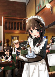Rule 34 | 3girls, aged down, akagi (kancolle), alternate costume, apron, black dress, chair, coffee, coffee pot, commentary request, cup, dress, enmaided, frilled apron, frills, hand towel, indoors, kantai collection, kirisawa juuzou, maid, maid headdress, multiple girls, restaurant, shigure (kancolle), solo focus, teacup, tray, waitress, white apron, yamashiro (kancolle)