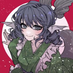 Rule 34 | 1girl, closed mouth, commentary request, drill hair, fins, frilled kimono, frills, green kimono, grey eyes, grey hair, head fins, japanese clothes, kimono, long hair, long sleeves, looking at viewer, mermaid, monster girl, saori kudou, smile, solo, touhou, wakasagihime