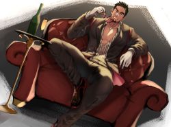 Rule 34 | 1boy, bara, black hair, brown pants, brown suit, bulge, couch, dark-skinned male, dark skin, dutch angle, facial hair, foot out of frame, formal, goatee, green hair, jacket, jingisu kan (bara artist), kyoichi (active agent) (live a hero), kyoichi (live a hero), live a hero, looking at viewer, male focus, mature male, multicolored hair, muscular, muscular male, official alternate costume, on couch, open clothes, open jacket, pants, partially unbuttoned, pectoral cleavage, pectorals, shirt, short hair, sideburns, smirk, solo, streaked hair, striped clothes, striped shirt, suit, unworn eyewear