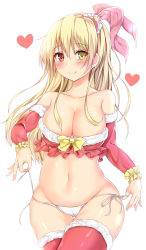 Rule 34 | 1girl, absurdres, bare shoulders, belly, blonde hair, blush, bow, breasts, brown eyes, christmas, cleavage, closed mouth, collarbone, commentary request, curvy, detached sleeves, fur-trimmed legwear, fur-trimmed sleeves, fur trim, hair between eyes, heart, heterochromia, highres, large breasts, long hair, looking at viewer, navel, original, panties, pikacchi, plump, red thighhighs, santa costume, side-tie panties, simple background, smile, solo, thick thighs, thighhighs, thighs, underwear, white panties, yellow bow, yellow eyes
