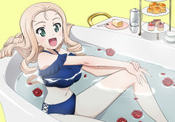 Rule 34 | 1girl, :d, bath, bathing, bathtub, bikini, blonde hair, blue bikini, cake, commentary, dessert, drill hair, food, fork, frilled bikini, frills, girls und panzer, green eyes, hands on own knees, kanau, knee up, long hair, looking at viewer, macaron, marie (girls und panzer), navel, off-shoulder bikini, off shoulder, open mouth, partially submerged, petals, petals on liquid, plate, rose petals, saucer, simple background, sitting, smile, solo, swimsuit, teapot, tiered tray, water, yellow background