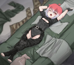 Rule 34 | 1girl, ahoge, arms up, belt, black belt, black gloves, breasts, cleavage, fingerless gloves, full body, gloves, looking at viewer, lying, medium breasts, multicolored hair, nyifu, on back, one eye closed, open mouth, original, pink eyes, pink hair, short hair, solo, toeless legwear, two-tone hair, white hair
