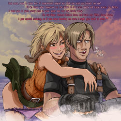 Rule 34 | 1boy, 1girl, ashley graham, belt, blonde hair, blush, breasts, breasts on another&#039;s back, brown eyes, brown hair, constricted pupils, covered erect nipples, english text, flirting, highres, jet ski, large breasts, leon s. kennedy, meme, naughty face, no way fag (meme), panties, panty pull, plague of gripes, plaid, plaid skirt, profanity, purple panties, rejection, resident evil, resident evil 4, short hair, skirt, sleeveless, sleeveless turtleneck, text focus, truth, turtleneck, underwear, wind, wind lift