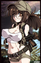 1girl absurdres arms_behind_back artist_name bare_shoulders baseball_cap belt belt_buckle black_border blurry blurry_background border breasts brown_belt brown_eyes brown_hair brown_hat brown_shorts brown_vest buckle cleavage closed_mouth collared_vest commentary contrapposto covered_erect_nipples cowboy_shot crop_top fio_germi glasses gun gun_on_back hat highres hip_vent karosu_maker large_breasts long_hair looking_at_viewer metal_slug midriff navel open_clothes open_vest outside_border ponytail short_shorts shorts smile solo stomach submachine_gun tank_top vest weapon weapon_on_back white_tank_top