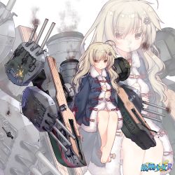 Rule 34 | 1girl, alternate hairstyle, bare legs, blonde hair, cannon, copyright name, covering privates, hair down, hair ornament, hairclip, looking at viewer, military, military uniform, no shoes, official art, red eyes, shenbei xiaoqiu, smoke, smokestack, solo, uniform, warship girls r, weapon