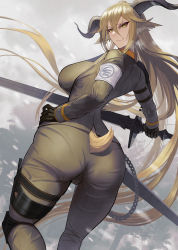 Rule 34 | 1girl, arknights, ass, breasts, curvy, degenbrecher (arknights), gino (gino h), highres, horns, large breasts, solo, sword, thighs, weapon, wide hips