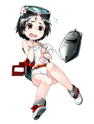 Rule 34 | 10s, 1girl, black hair, blush, brown eyes, diving mask, diving mask on head, eyebrows, goggles, goggles on head, kantai collection, looking at viewer, maru-yu (kancolle), one-piece swimsuit, open mouth, personification, sakumo (karatama), school swimsuit, short hair, solo, sweatdrop, swimsuit, tears, wavy mouth, white school swimsuit, white one-piece swimsuit