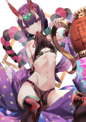 Rule 34 | 1girl, bare shoulders, black bra, black fundoshi, black legwear, blush, bra, breasts, chinese clothes, closed mouth, clothes lift, club, club (weapon), collarbone, detached sleeves, dudou, earrings, eyeliner, fate/grand order, fate (series), forehead jewel, fundoshi, headpiece, heart, hip focus, horns, japanese clothes, jewelry, lingerie, looking at viewer, low twintails, makeup, micro bra, navel, oni, purple eyes, purple hair, rope, salmon88, sash, short hair, short twintails, shuten douji (fate), shuten douji (fate/grand order), shuten douji (halloween caster) (fate), simple background, skin-covered horns, small breasts, smile, solo, spiked club, star (symbol), star print, thighs, twintails, underwear, weapon, white background