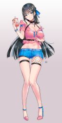 Rule 34 | 1girl, alracoco, mismatched earrings, black hair, blue eyes, blue nails, blue ribbon, blush, bracelet, breasts, choker, cleavage, cup, denim, denim shorts, disposable cup, earrings, full body, grey background, hair ribbon, high heels, highres, holding, holding cup, jewelry, large breasts, legs, long hair, looking at viewer, midriff, mismatched earrings, nail polish, navel, original, ribbon, shorts, simple background, smile, solo, standing, thigh strap