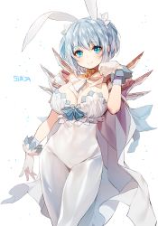 Rule 34 | 1girl, animal ears, artist name, bad id, bad pixiv id, blue eyes, blush, bodysuit, breasts, rabbit ears, cleavage, gloves, large breasts, looking at viewer, original, silver hair, simple background, skin tight, smile, solo, sukja, white background, wide hips