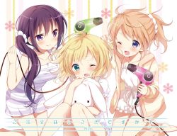 Rule 34 | &gt;:), &gt;;d, 3girls, ;d, alternate hairstyle, artist name, blonde hair, blue eyes, blush, breasts, brown hair, collarbone, copyright name, frilled sleeves, frills, gochuumon wa usagi desu ka?, hair dryer, hair ornament, hair scrunchie, highres, holding, hood, hoodie, hoto cocoa, hugging object, kirima syaro, kneeling, koi (koisan), long hair, looking at another, multiple girls, non-web source, official art, one eye closed, open clothes, open mouth, ponytail, purple eyes, purple hair, scrunchie, shirt, short hair, short ponytail, short sleeves, side ponytail, sitting, sleeveless, sleeveless shirt, smile, striped clothes, striped hoodie, stuffed animal, stuffed rabbit, stuffed toy, tedeza rize, twintails, v-shaped eyebrows, very long hair