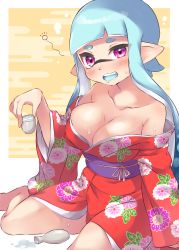 Rule 34 | 1girl, bare shoulders, barefoot, blue hair, blue tongue, bottle, breasts, cleavage, colored tongue, drunk, egasumi, floral print, highres, holding, holding bottle, inkling, inkling girl, inkling player character, japanese clothes, kimono, large breasts, long hair, long sleeves, looking at viewer, nintendo, off shoulder, penguin maru (penginmaru), pointy ears, print kimono, purple eyes, purple sash, red kimono, sake bottle, saliva, sash, sitting, solo, spill, splatoon (series), squeans, tentacle hair, twintails, wariza, wide sleeves