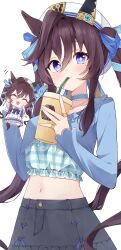 Rule 34 | 1girl, :3, ^ ^, absurdres, animal ears, black skirt, blue eyes, blue ribbon, blue shirt, bow, bowtie, brown hair, casual, chibi, closed eyes, cup, disposable cup, drinking straw, drinking straw in mouth, ear covers, ezaki hiyori, facing viewer, hair between eyes, hair ribbon, highres, holding, holding cup, horse ears, horse girl, horseshoe ornament, jewelry, long hair, looking at viewer, midriff, mole, mole under eye, multiple views, navel, pleated skirt, puffy short sleeves, puffy sleeves, purple bow, purple bowtie, purple serafuku, purple shirt, ribbon, ring, sailor collar, sailor shirt, school uniform, serafuku, shirt, short sleeves, simple background, single ear cover, skirt, tracen school uniform, twintails, umamusume, vivlos (umamusume), white background, white skirt