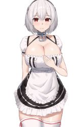 Rule 34 | 1girl, absurdres, anchor, anchor choker, apron, azur lane, bad id, bad pixiv id, breasts, cleavage, closed mouth, collarbone, cowboy shot, dress, frilled apron, frilled dress, frills, hair between eyes, highres, large breasts, looking at viewer, maid, puffy short sleeves, puffy sleeves, red eyes, rk (cc15915r), short hair, short sleeves, silver hair, sirius (azur lane), solo, thighhighs, waist apron, white thighhighs, zettai ryouiki