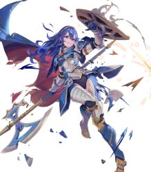 Rule 34 | 1girl, armor, axe, battle axe, black leotard, blue cape, blue eyes, blue gloves, blue hair, cape, damaged, family crest, female focus, fire emblem, fire emblem (object), fire emblem awakening, fire emblem heroes, full body, gloves, great knight (fire emblem awakening), highres, holding, holding axe, holding shield, holding weapon, leotard, long hair, lucina (fate&#039;s resolve) (fire emblem), lucina (fire emblem), matching hair/eyes, nintendo, no pants, non-web source, official alternate costume, official art, red cape, shield, solo, tiara, torn clothes, weapon