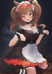 Rule 34 | 1girl, :d, absurdres, angelina (arknights), animal ears, arknights, bad id, bad pixiv id, belt, black belt, black choker, black dress, blush, breasts, brick floor, brown hair, choker, commentary request, dark background, dot nose, dress, earpiece, fang, fog, fox ears, frilled dress, frills, garter straps, hairband, high belt, highres, infection monitor (arknights), kneehighs, long hair, looking at viewer, maid headdress, medium breasts, medium hair, open mouth, paw pose, red hairband, smile, socks, soranagi (una123), striped clothes, striped hairband, striped socks, two-tone hairband, two side up, wrist cuffs