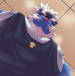 Rule 34 | 1boy, absurdres, bara, beard, black tank top, blue fur, facial hair, foreshortening, forked eyebrows, from below, full beard, furry, furry male, headband, highres, juggermelon, large pectorals, long mustache, looking at viewer, looking down, male focus, mature male, meme, muscular, muscular male, nipple slip, nipples, original, pectoral cleavage, pectoral focus, pectorals, pencil mustache, photo-referenced, shell, short hair, sidepec, solo, steaming body, sweat, tank top, thick beard, thick eyebrows, tusks, upper body, yur oc like this (meme)