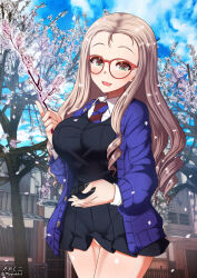 Rule 34 | 1girl, bc freedom school uniform, blonde hair, blush, breasts, cherry blossoms, dress, girls und panzer, glasses, green eyes, highres, large breasts, long hair, looking at viewer, marie (girls und panzer), megadeko, microdress, no panties, open mouth, outdoors, school uniform, smile, solo